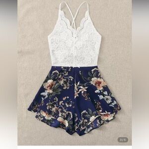 Lace Top Floral Romper SHEIN